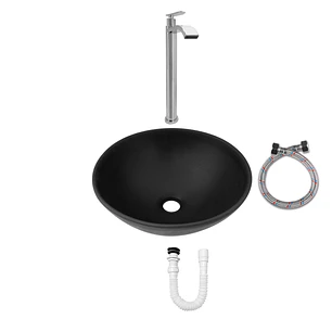 Combo Lavamanos Negro + Griferia Agua Fria + Accesorios C737