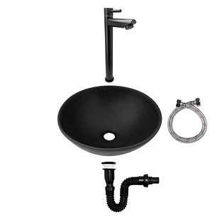 Combo Lavamanos Negro + Griferia Agua Fria + Accesorios C736