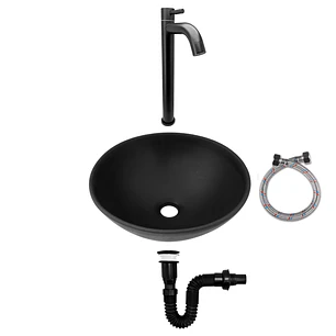Combo Lavamanos Negro + Griferia Agua Fria + Accesorios C735