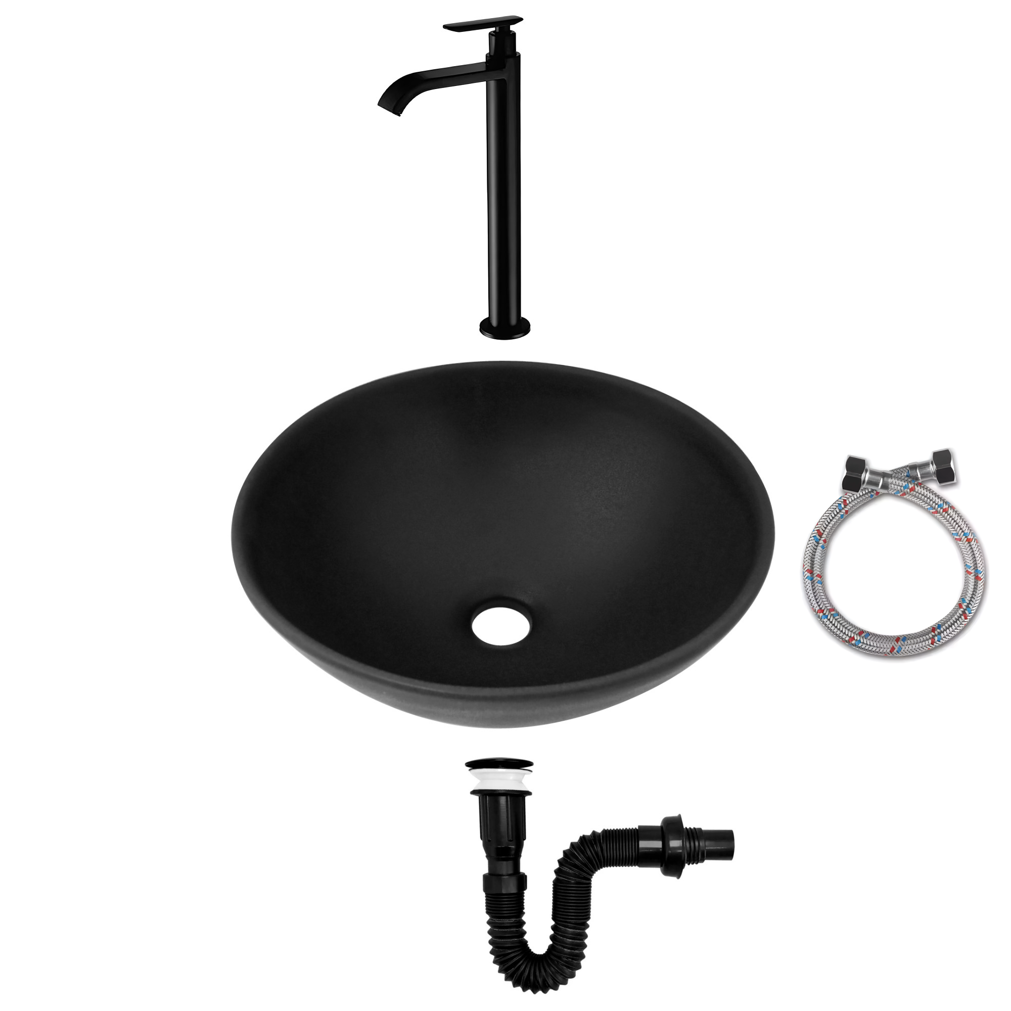 Combo Lavamanos Negro + Griferia Agua Fria + Accesorios C734