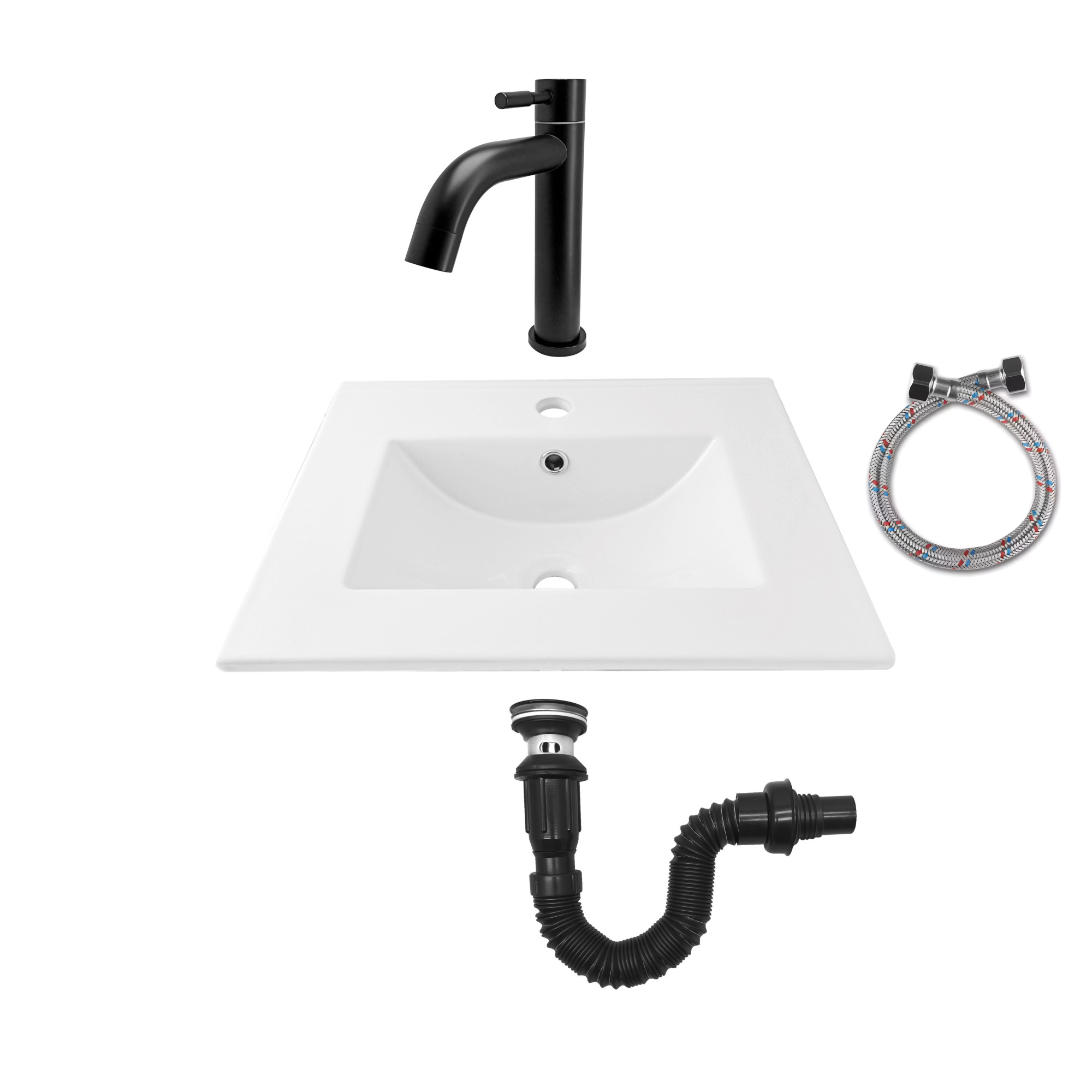 Combo Placa Lavamanos Blanco + Grifería Agua Fría Negra C593