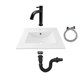 Combo Placa Lavamanos Blanco + Grifería Agua Fría Negra C593