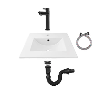 Combo Placa Lavamanos Blanco + Grifería Agua Fría Negra C590