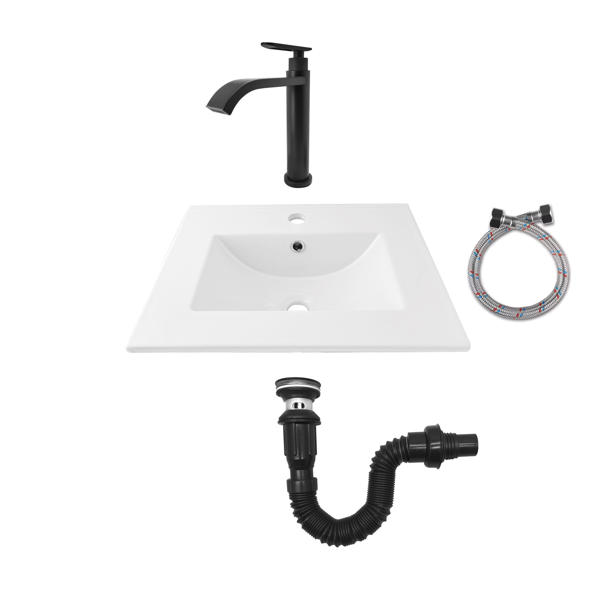Combo Placa Lavamanos Blanco + Grifería Agua Fría Negra C587