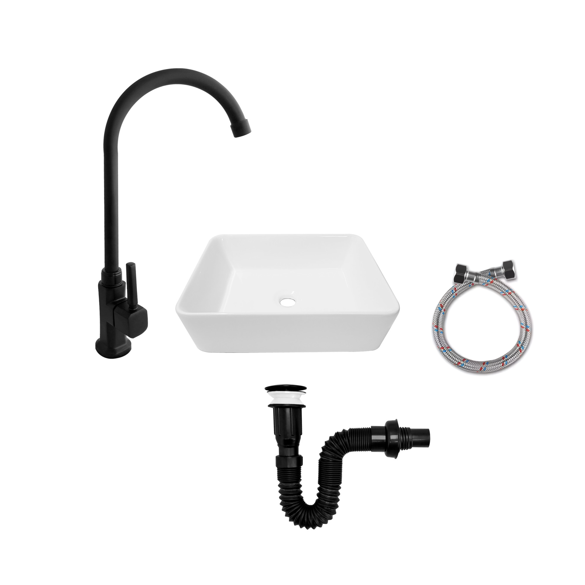 Combo Lavamanos Blanco + Grifería Agua Fría Negro + C573
