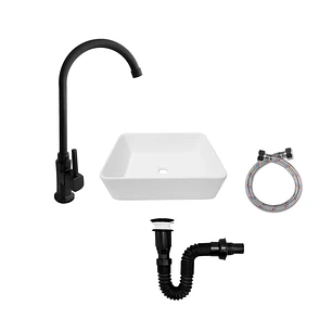 Combo Lavamanos Blanco + Grifería Agua Fría Negro + C573