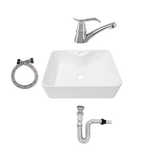 Combo Lavamanos + Griferia Agua Fría Y Accesorios