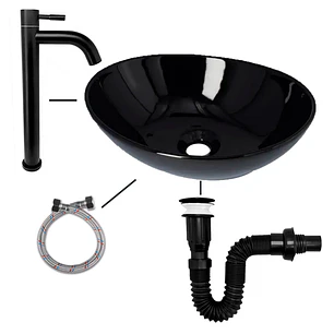 Combo Lavamanos Canoa Negro +griferia Curva Fria+push+acople
