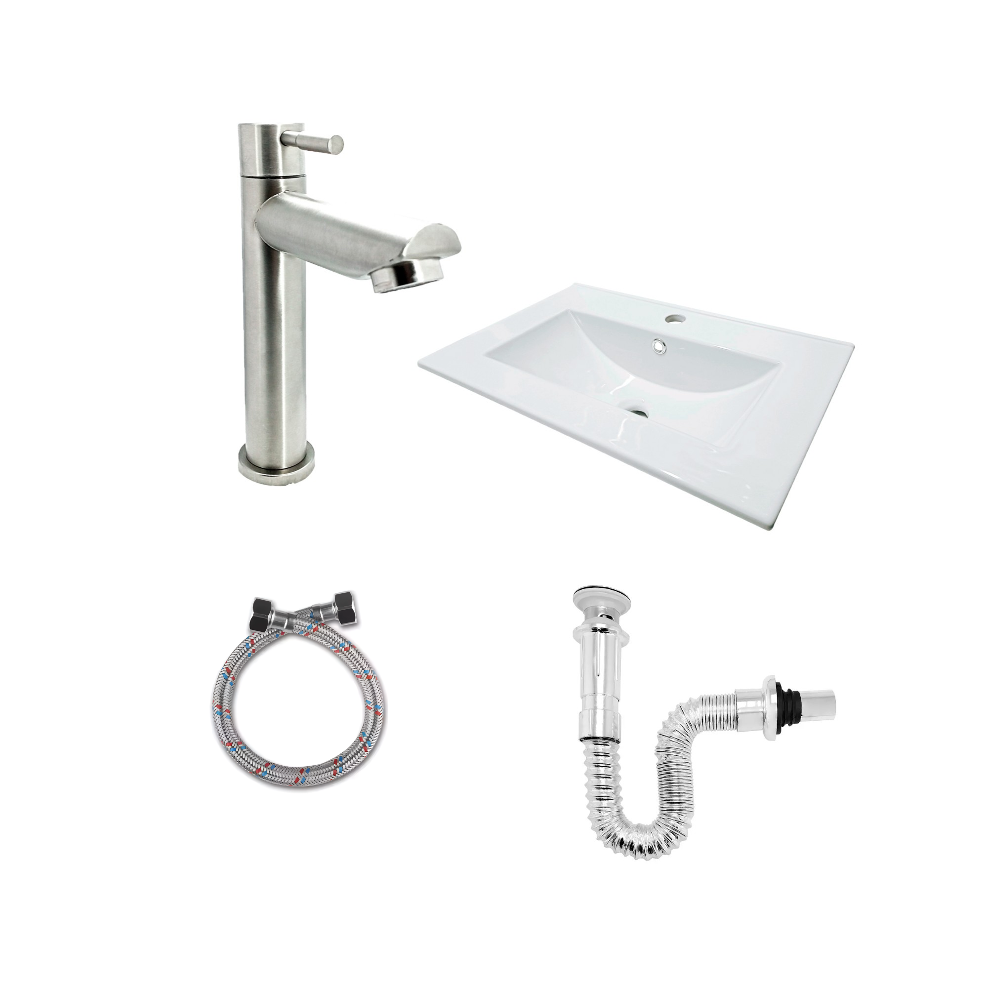 Combo Placa Lavamanos 61cm+ Grifería Agua Fria+sifon+push