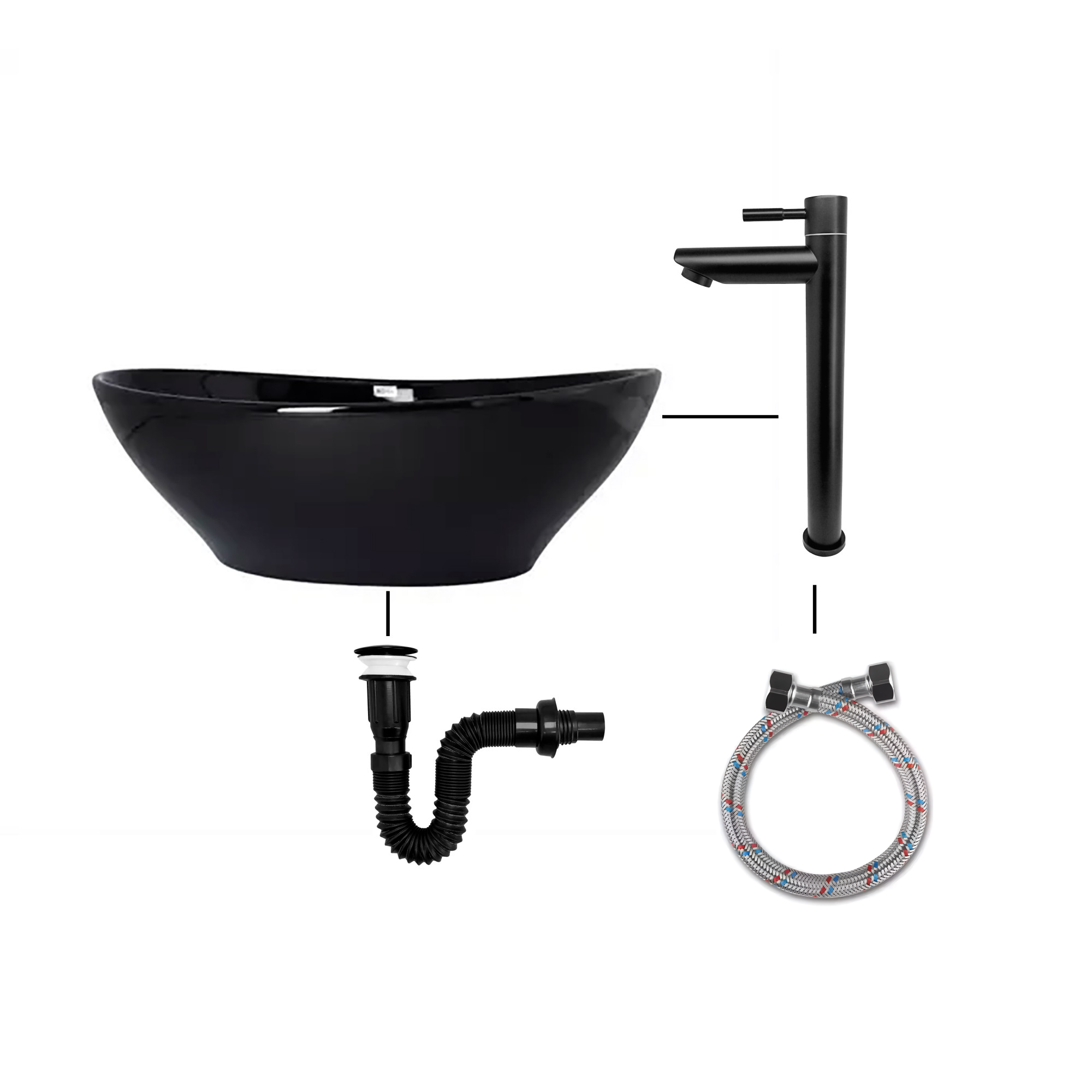Combo Lavamanos Canoa Negro + Griferia Agua Fria+ Push Negro Acabado Brillante