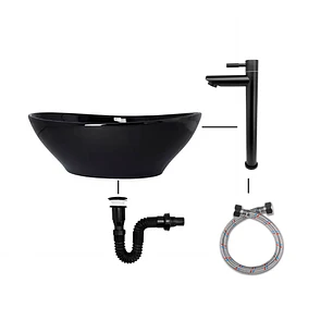 Combo Lavamanos Canoa Negro + Griferia Agua Fria+ Push Negro Acabado Brillante