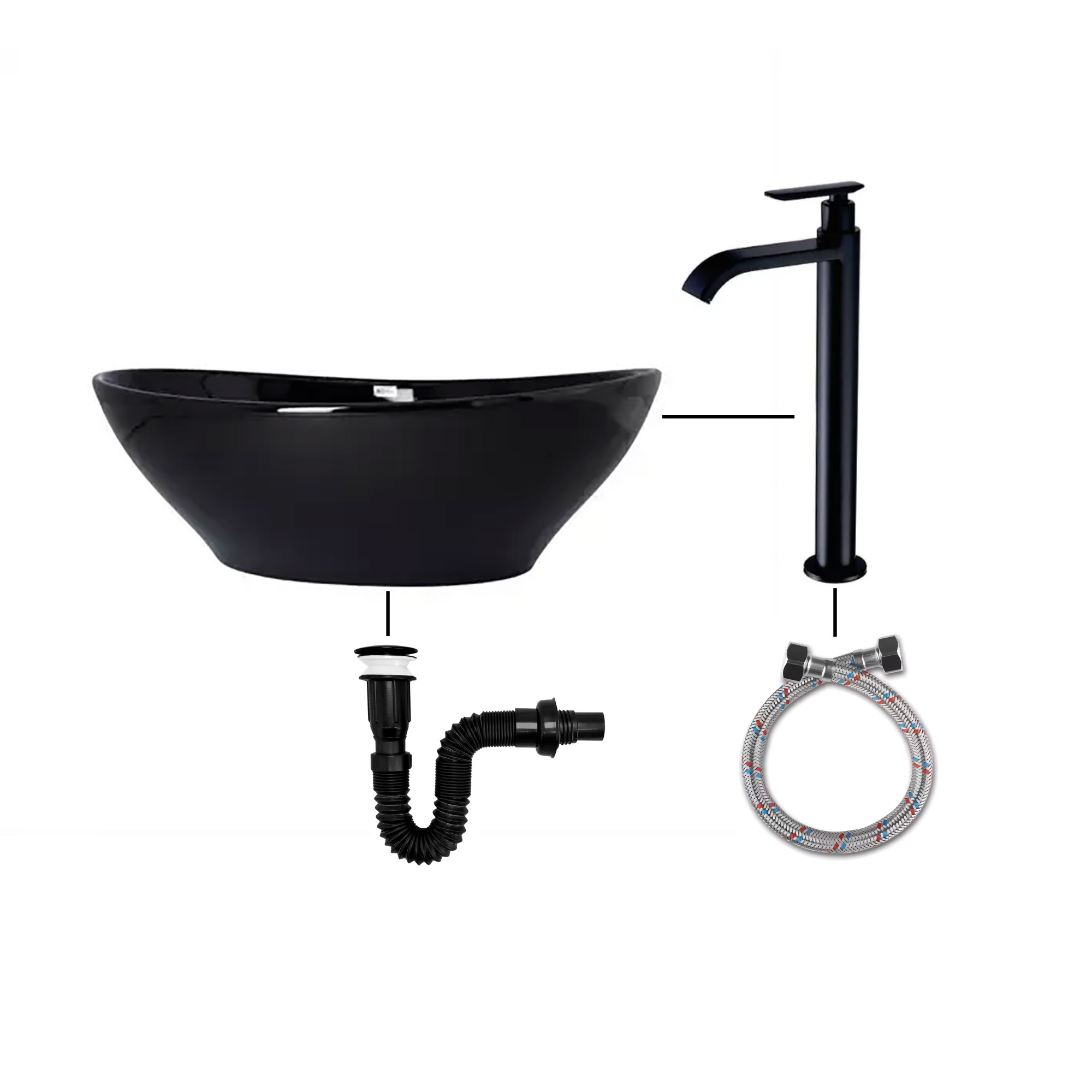 Combo Lavamanos Canoa Negro+griferia Cascada Fria+push Negro