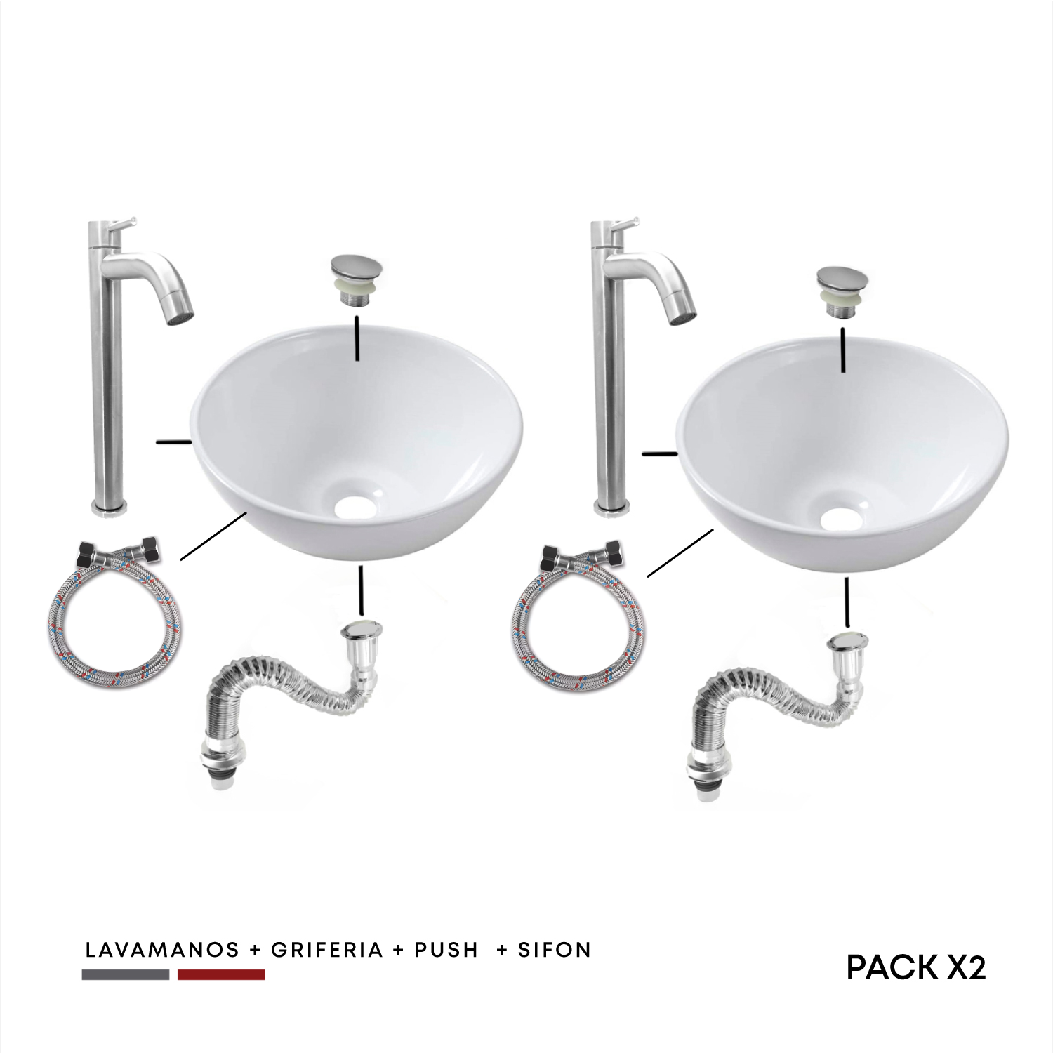 Pack X2 Combos Lavamanos + Grifería Agua Fría Inox + Push