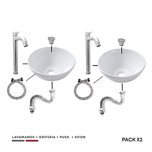 Pack X2 Combos Lavamanos + Grifería Agua Fría Inox + Push