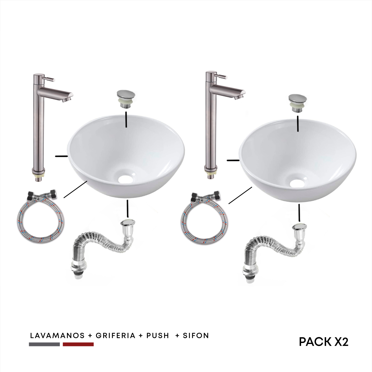 Packx2 Combos Lavamanos + Griferia Agua Fria + Push + Acople