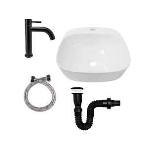 Combo Lavamanos Sobreponer + Griferia Agua Fría Negra C1187