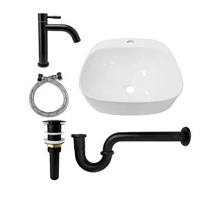 Combo Lavamanos Sobreponer + Griferia Agua Fría Negra C1186