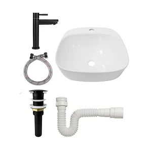 Combo Lavamanos Sobreponer + Griferia Agua Fría Negra C1185