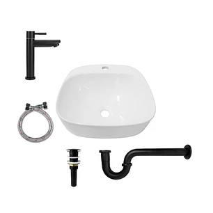 Combo Lavamanos Sobreponer + Griferia Agua Fria Negro C1183 Blanco Brillante