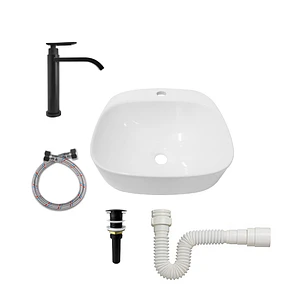 Combo Lavamanos Sobreponer + Griferia Agua Fria Negro C1182 Blanco Brillante