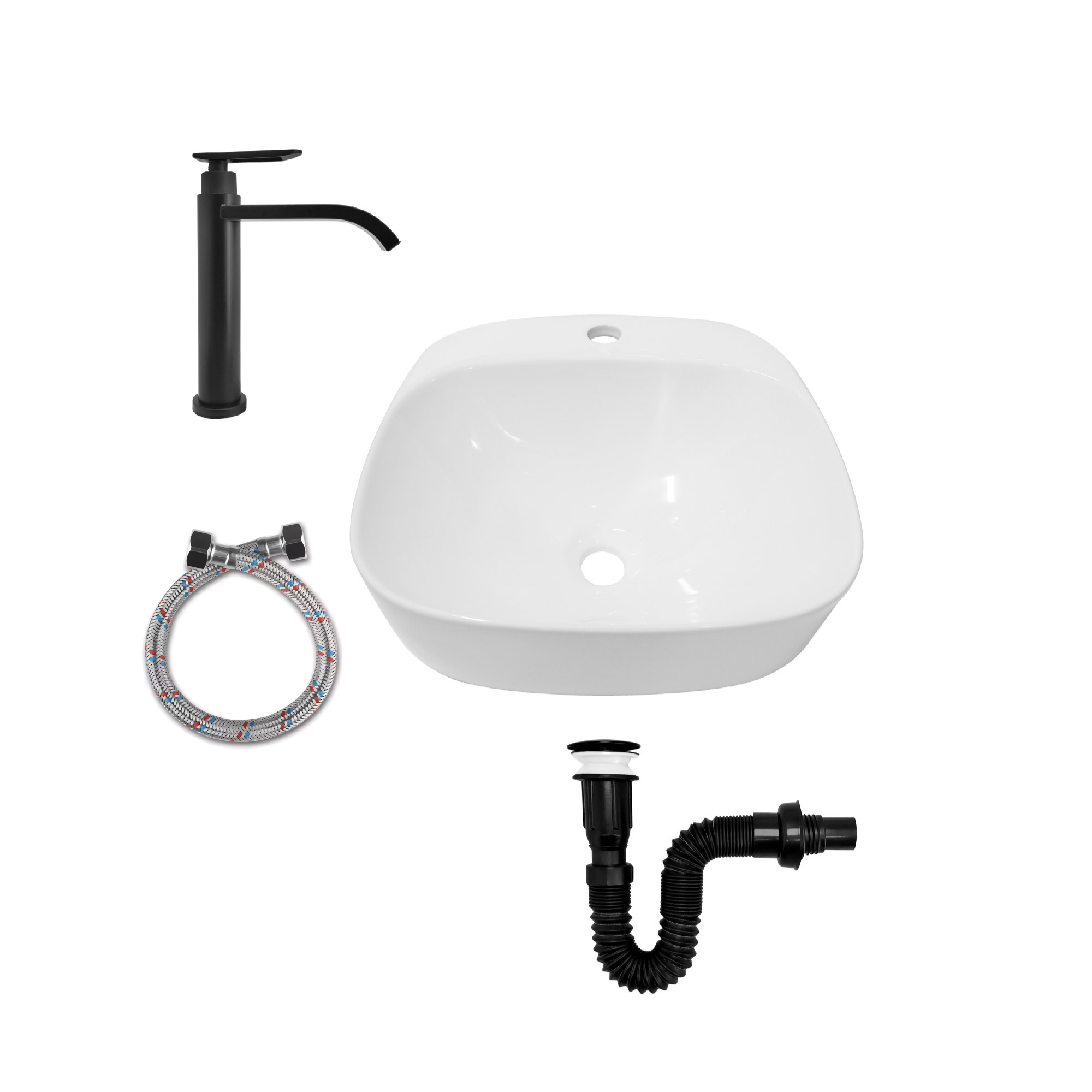 Combo Lavamanos Sobreponer + Griferia Agua Fria Negro C1181 Blanco Brillante