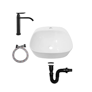 Combo Lavamanos Sobreponer + Griferia Agua Fria Negro C1181 Blanco Brillante