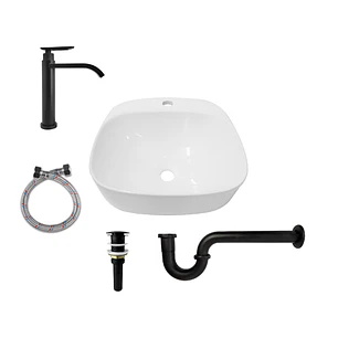 Combo Lavamanos Sobreponer + Griferia Agua Fria Negro C1180 Blanco Brillante