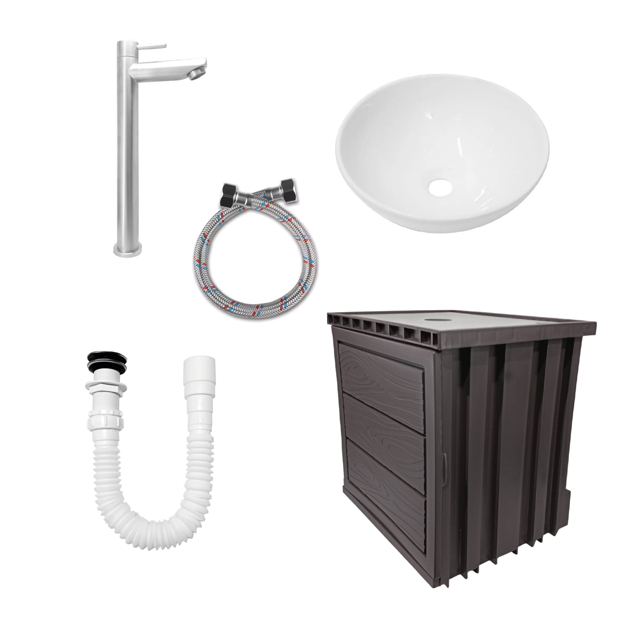 Kit Mueble Marrón Pvc + Lavamanos + Griferia C1157