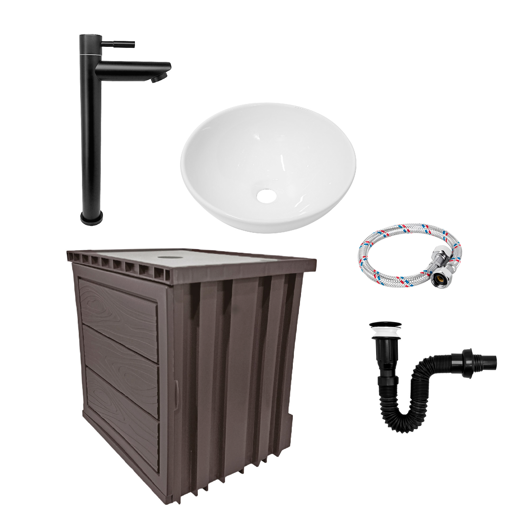 Kit Mueble Pvc + Lavamanos + Griferia  Ccol1132 - Marrón Oscuro - Un Agujero