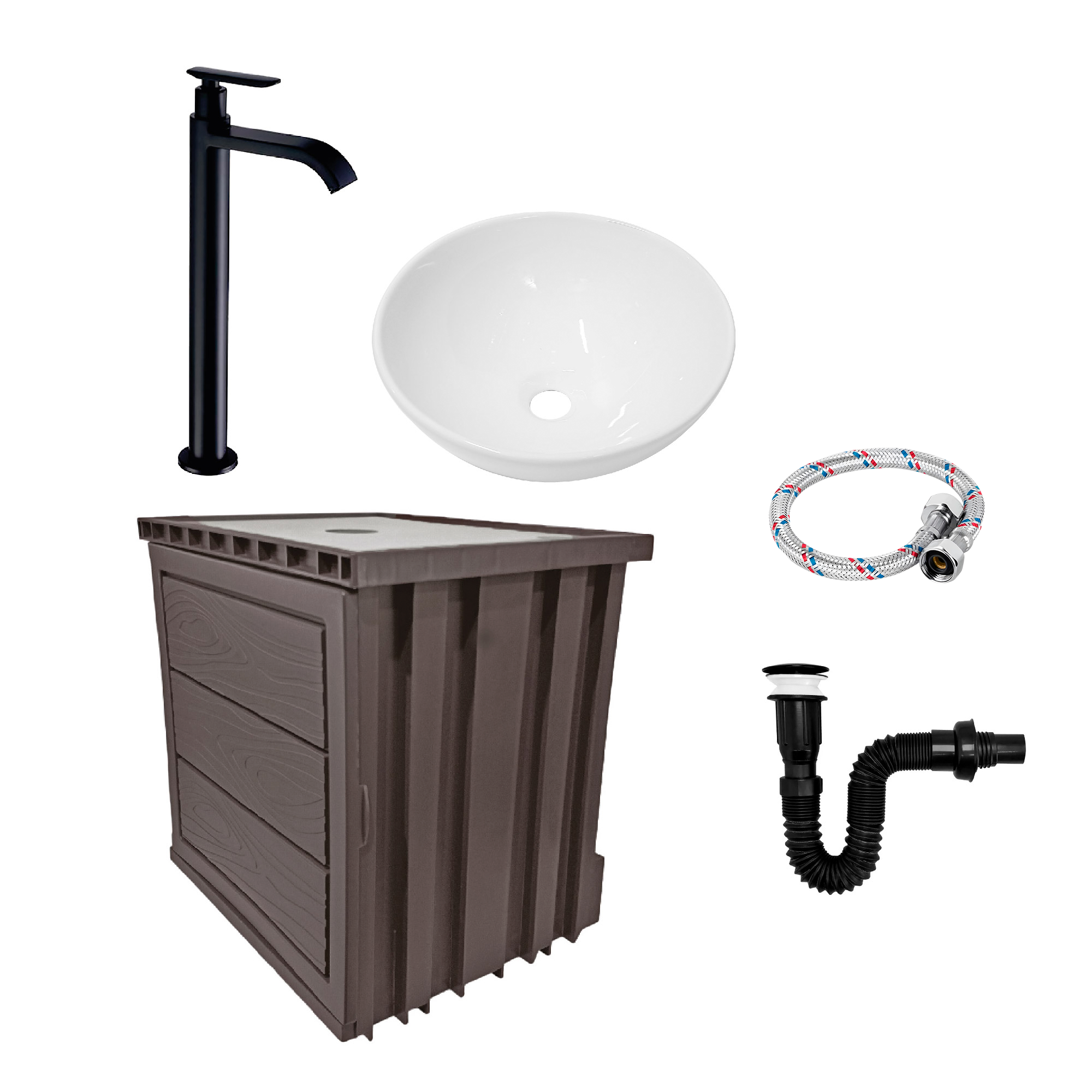 Kit Mueble Pvc + Lavamanos + Griferia  Ccol1130 - Marrón Oscuro - Un Agujero