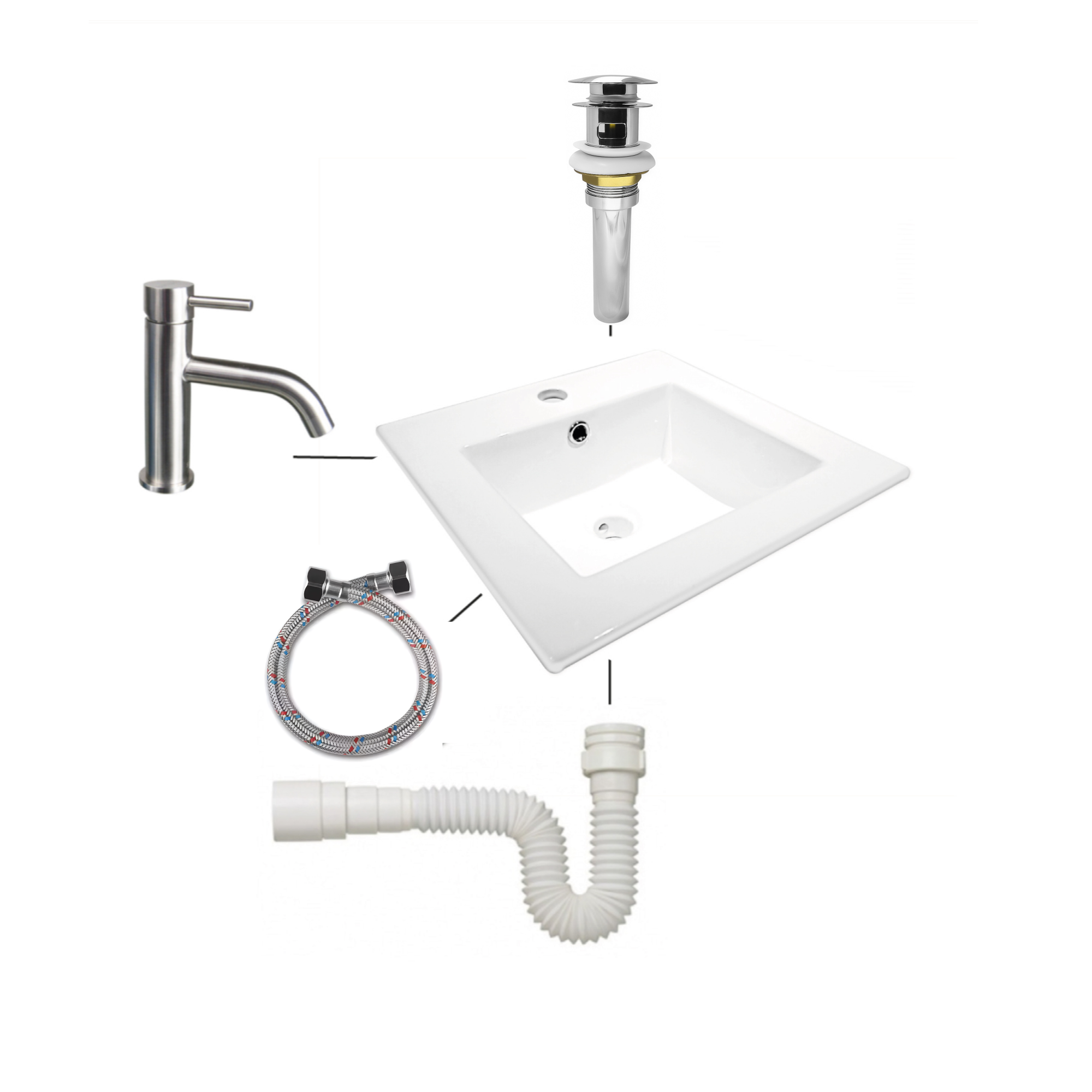 Combo Placa Lavamanos+push Con Rebose+sifon+griferia C033