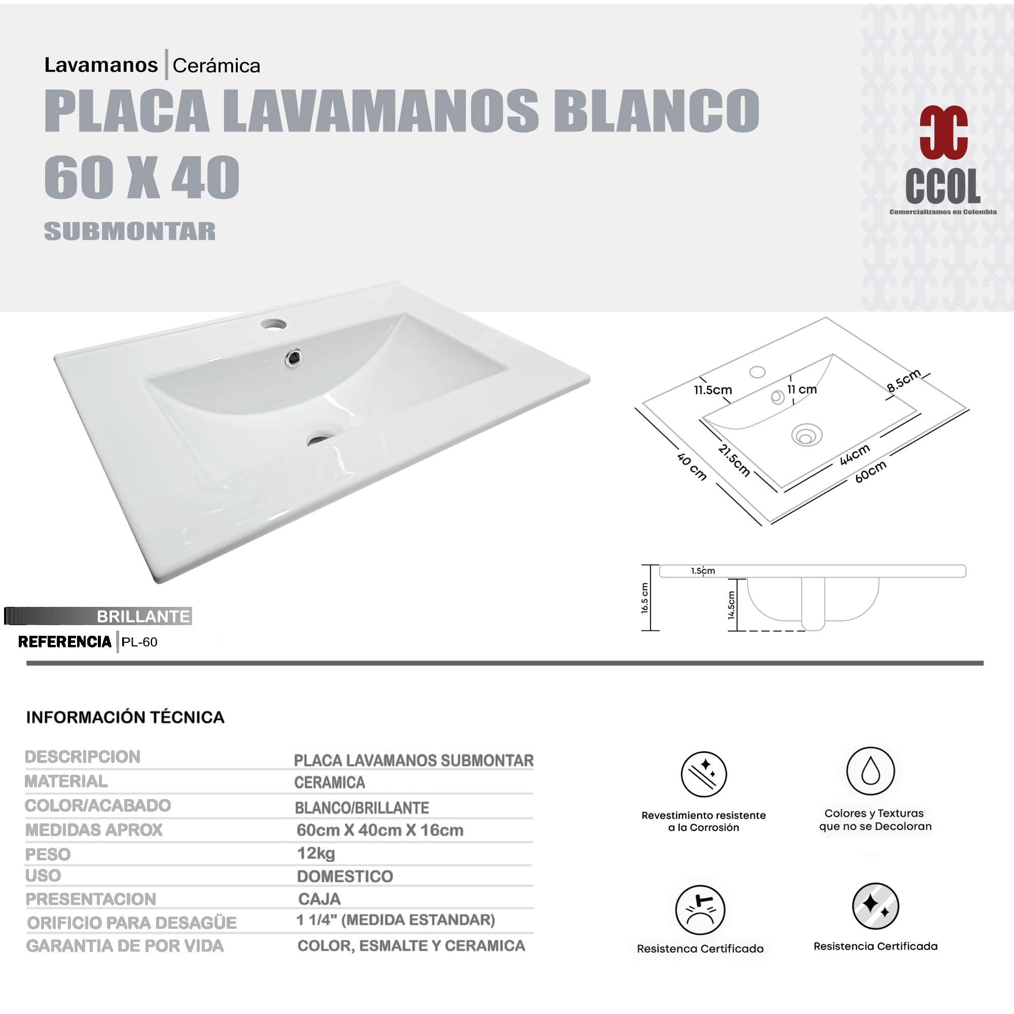 Placa Lavamanos Blanco 60x40