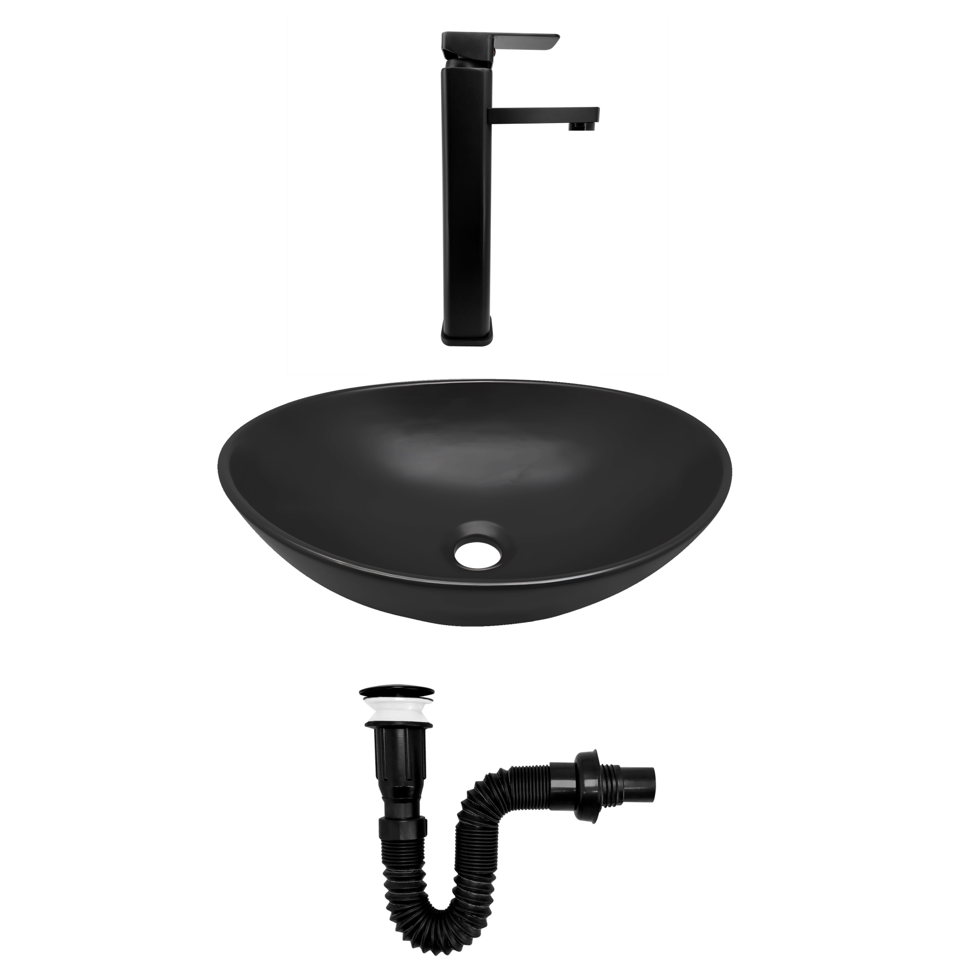 Combo Lavamanos Negro + Griferia Agua Fria + Accesorios C1289