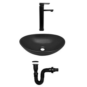 Combo Lavamanos Negro + Griferia Agua Fria + Accesorios C1289