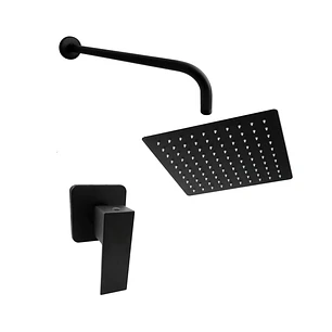 Set Ducha Negra Agua Fría Cuadrada + Brazo Tubular + Registro Ducha Escudo Cuadrado C1361