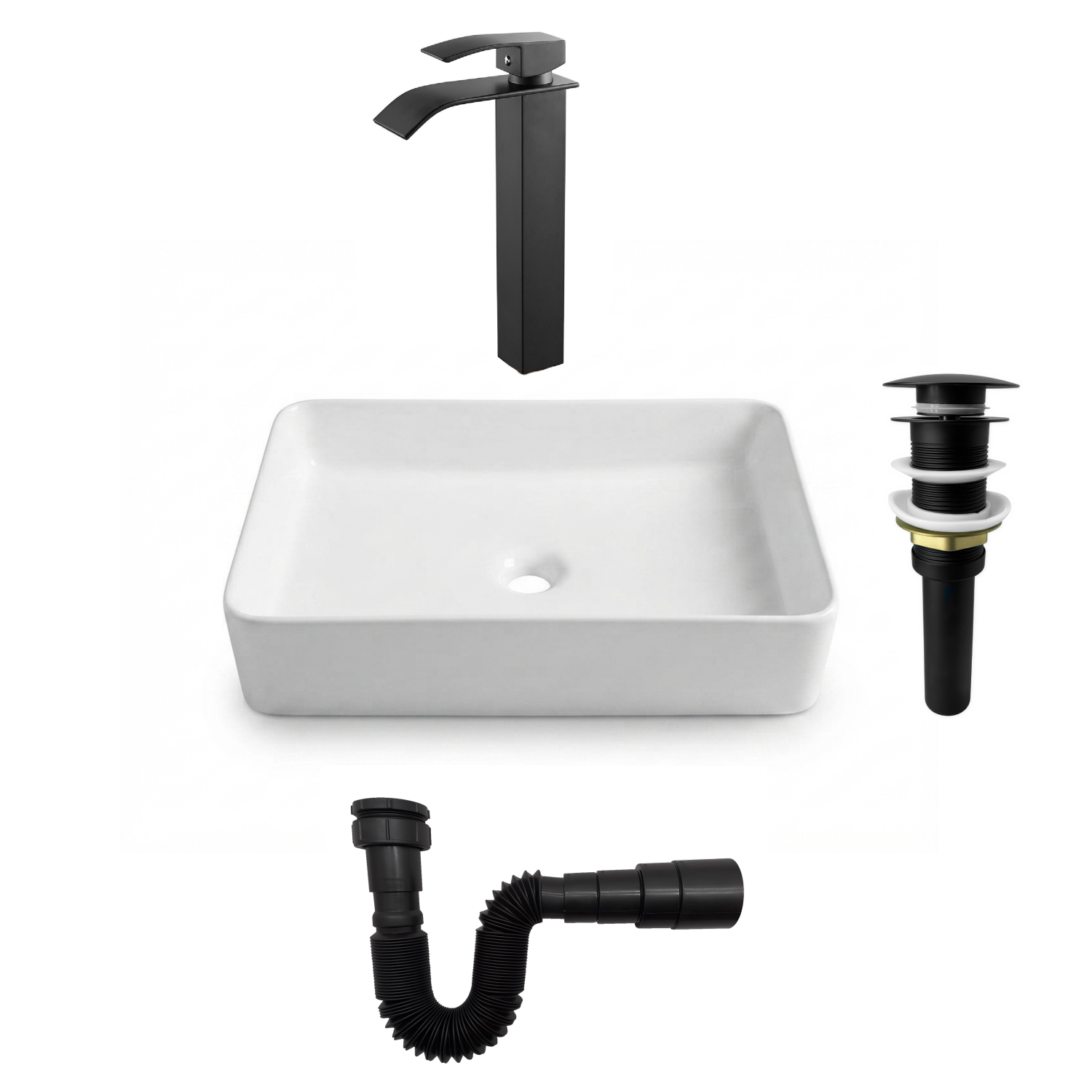 Combos Lavamanos Rectangular + Grifería Negra Mezclador C1370