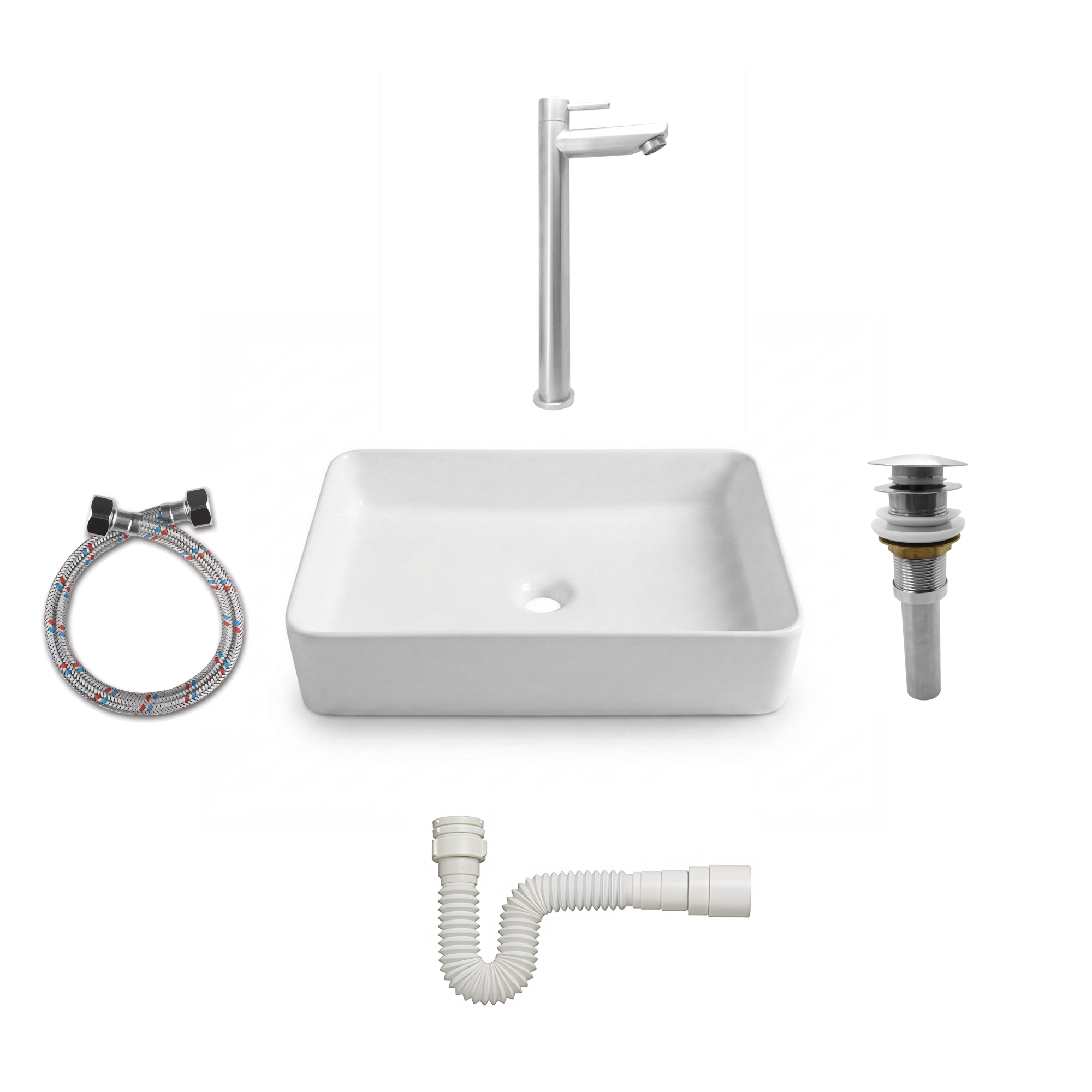 Combos Lavamanos Rectangular + Grifería Agua Fría Inox C1376