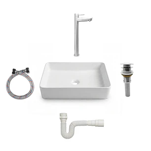 Combos Lavamanos Rectangular + Grifería Agua Fría Inox C1376