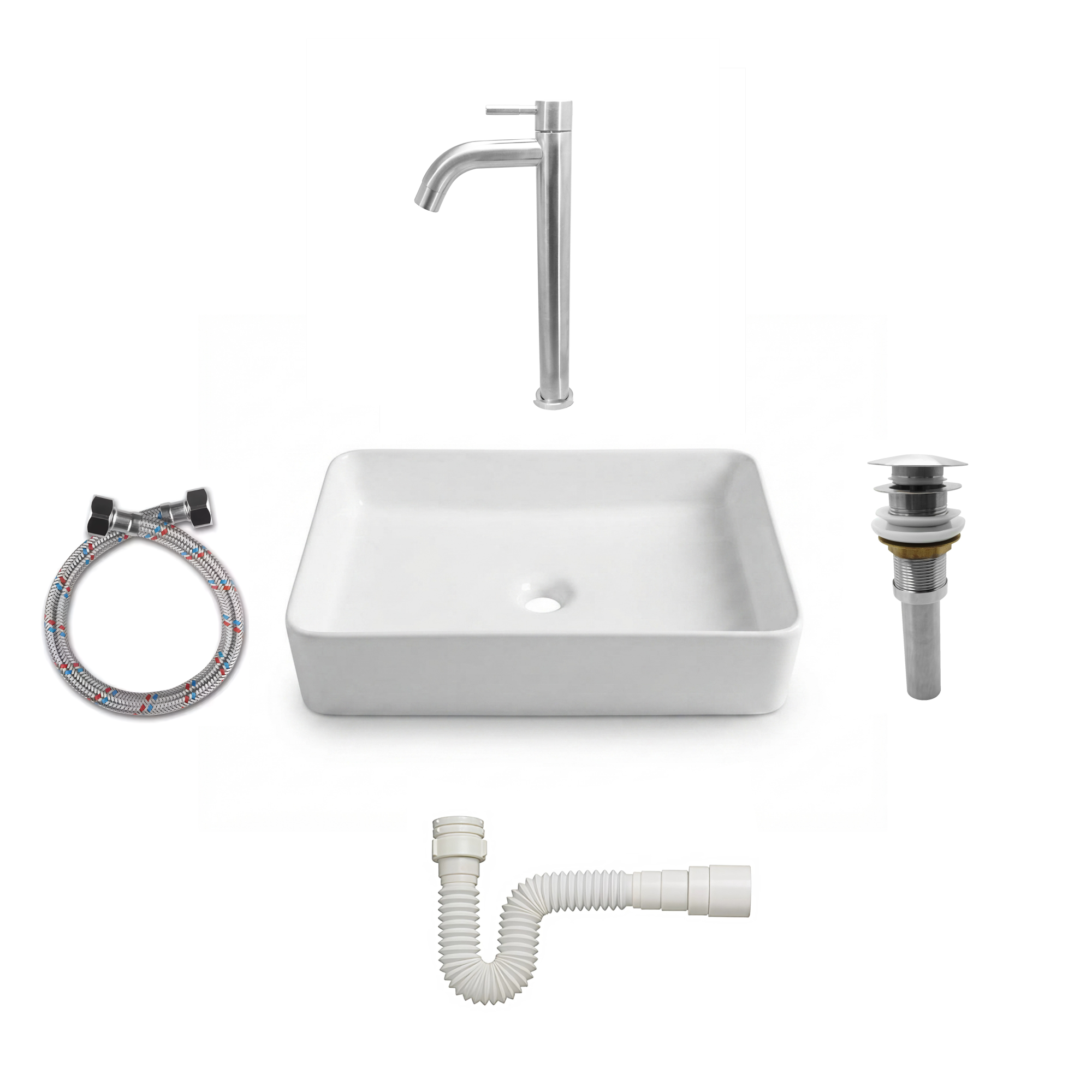 Combos Lavamanos Rectangular + Grifería Agua Fría Inox C1377
