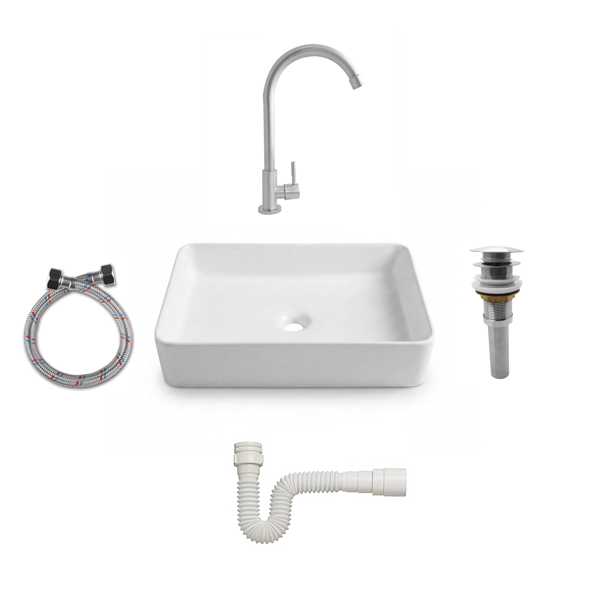 Combos Lavamanos Rectangular + Grifería Agua Fría Inox C1378