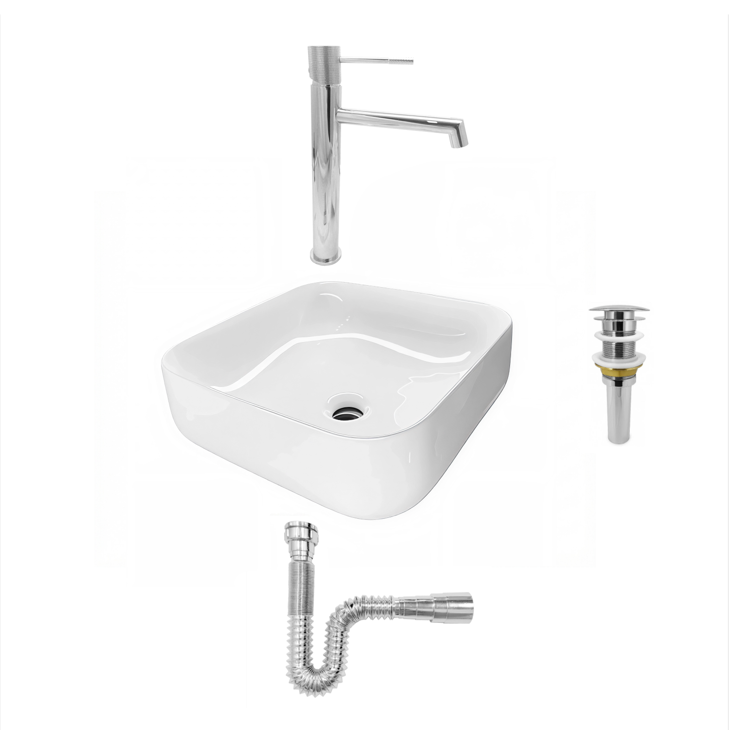 Combo Lavamanos Cuadrado + Grifería y Accesorios C1390