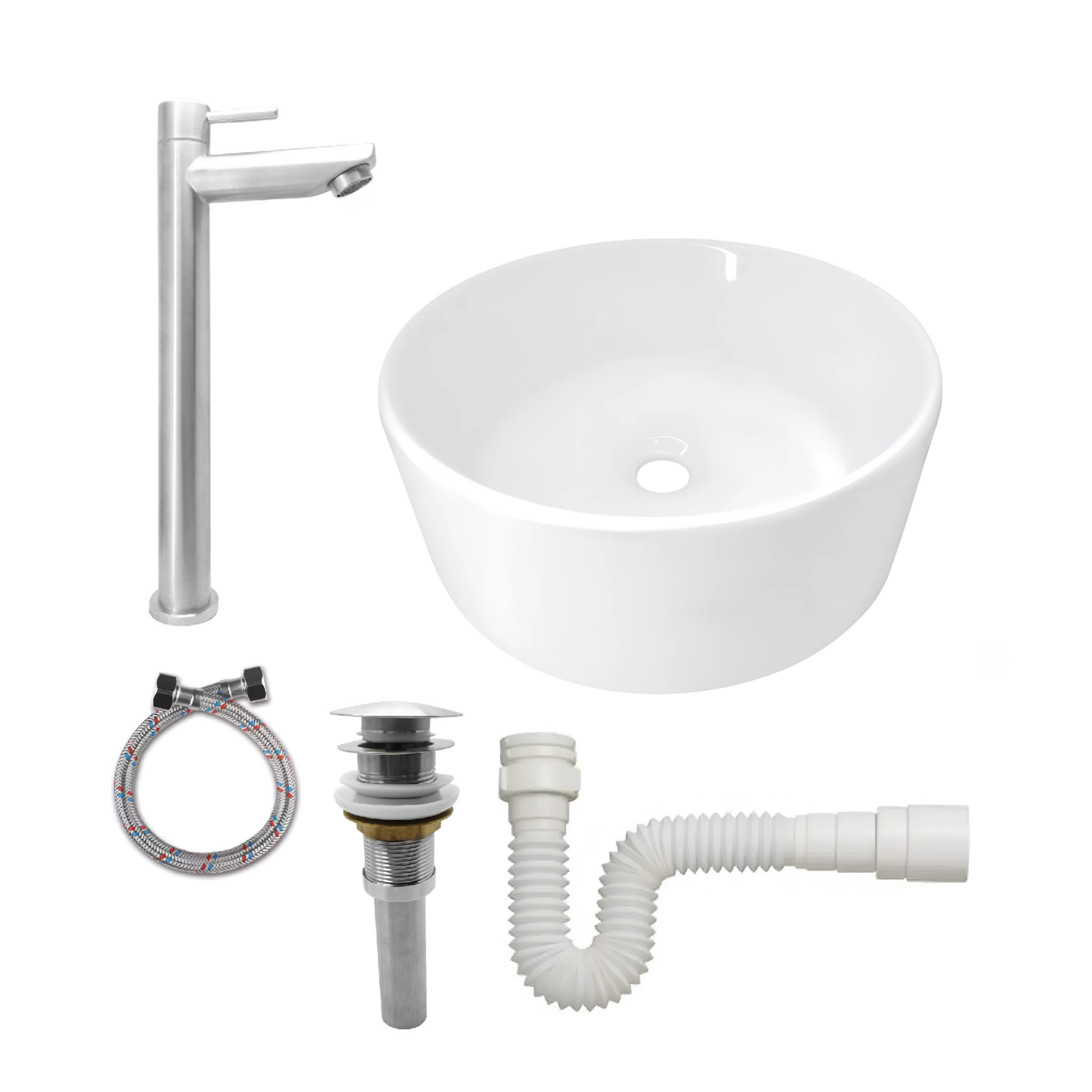 Combo Lavamanos Redondo + Griferia Agua Fria Inox C1406
