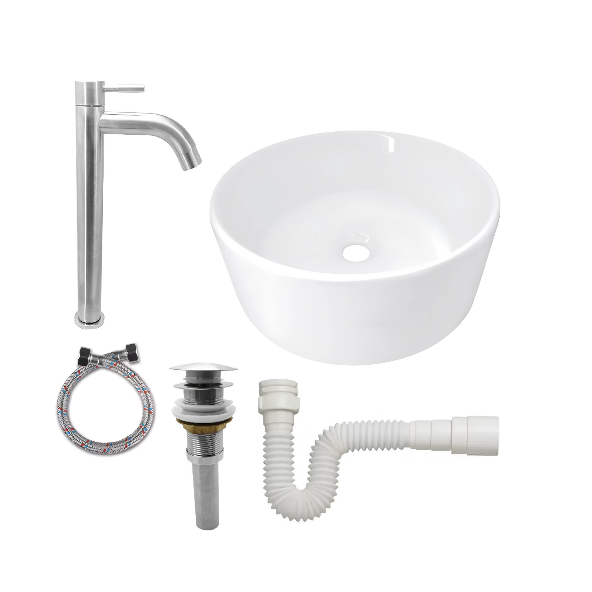 Combo Lavamanos Redondo + Griferia Agua Fria Inox C1407