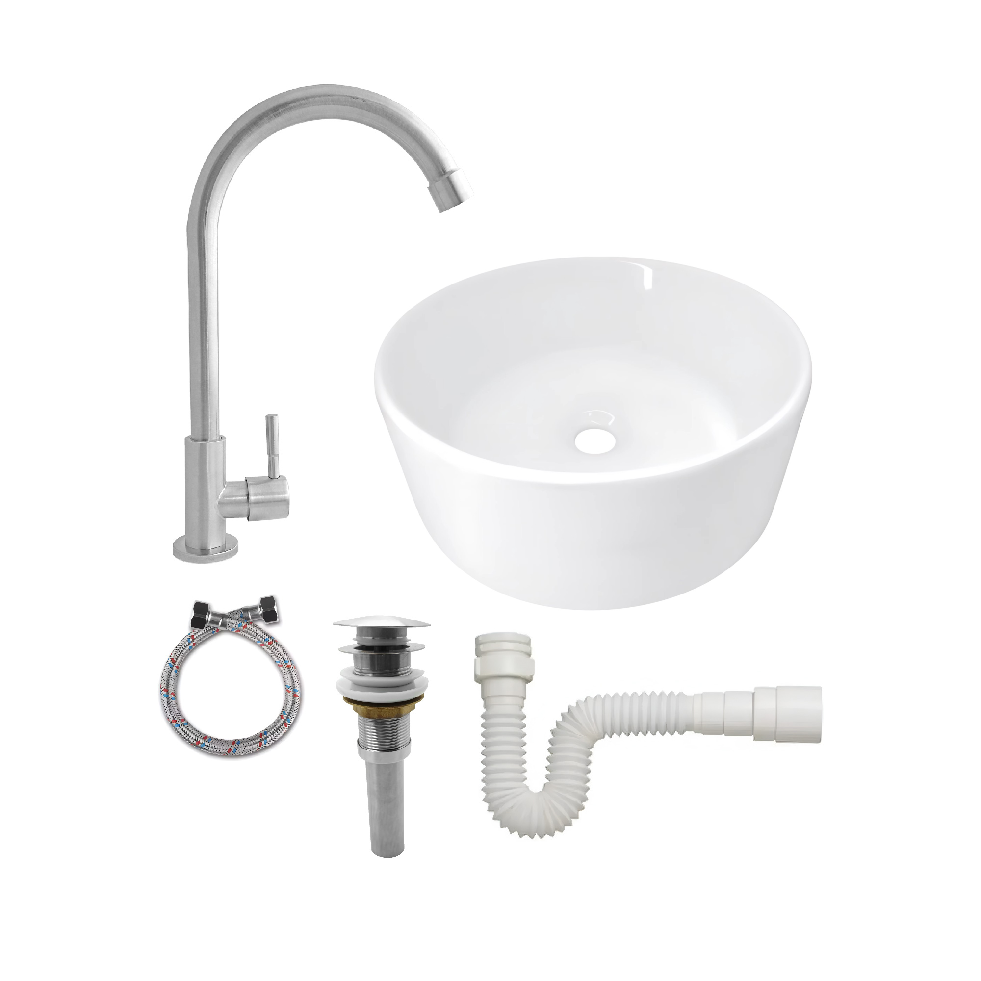 Combo Lavamanos Redondo + Griferia Agua Fria Inox C1408