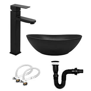 Combo Lavamanos Negro + Griferia Agua Fria + Accesorios C1289