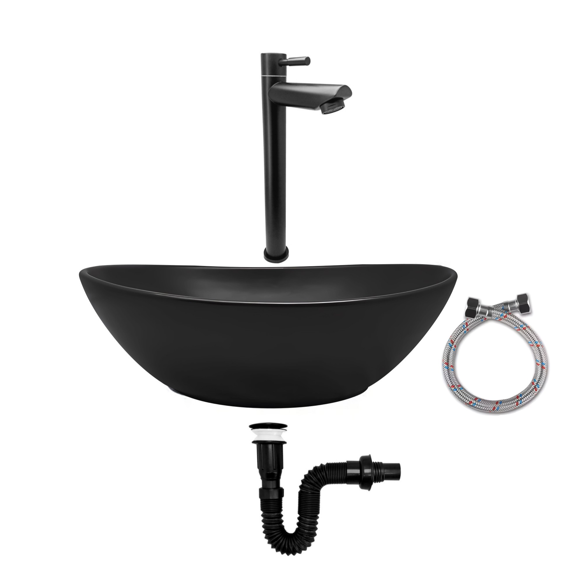 Combo Lavamanos Negro + Griferia Agua Fria + Accesorios C754