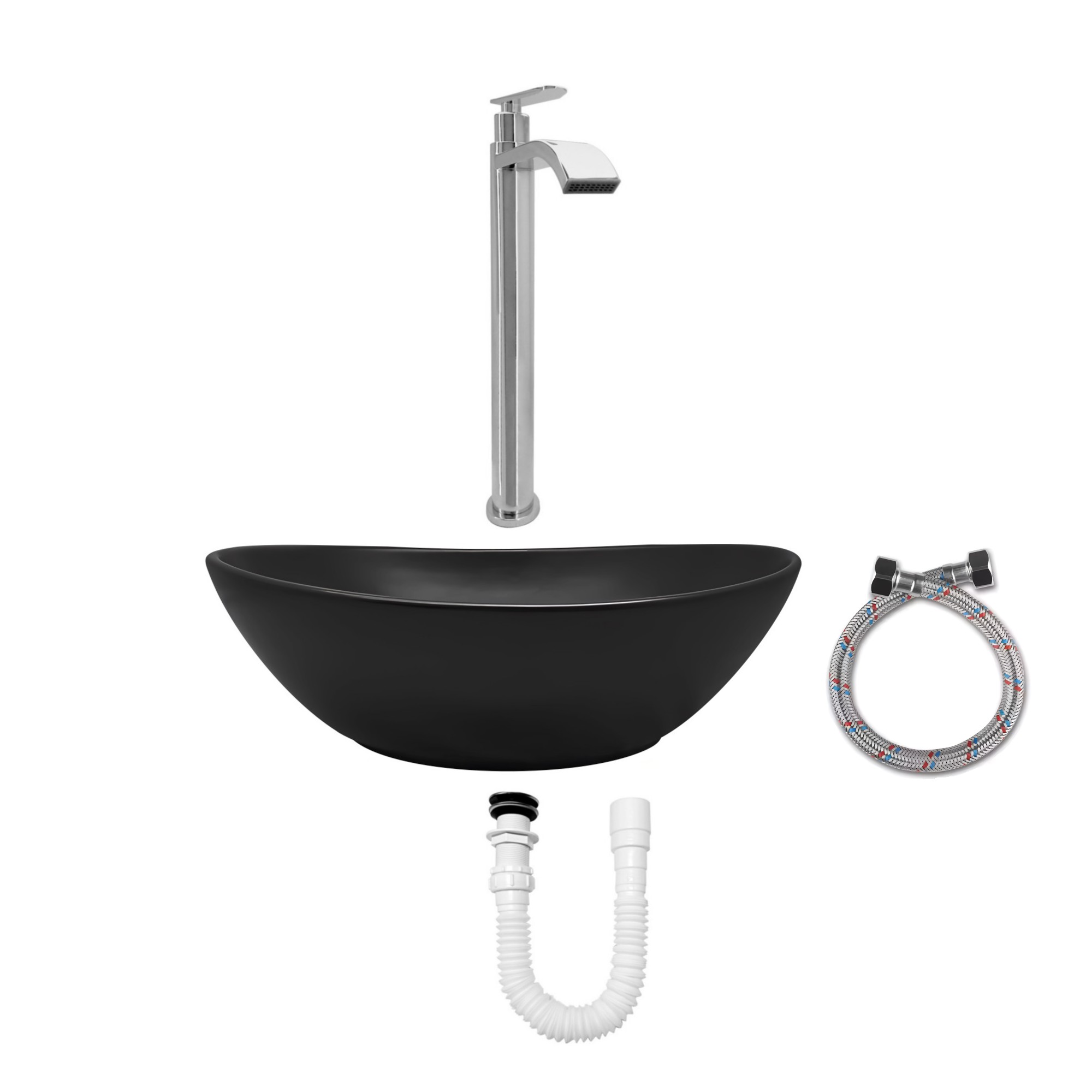 Combo Lavamanos Negro + Griferia Agua Fria + Accesorios C755