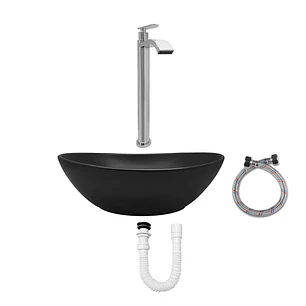 Combo Lavamanos Negro + Griferia Agua Fria + Accesorios C755
