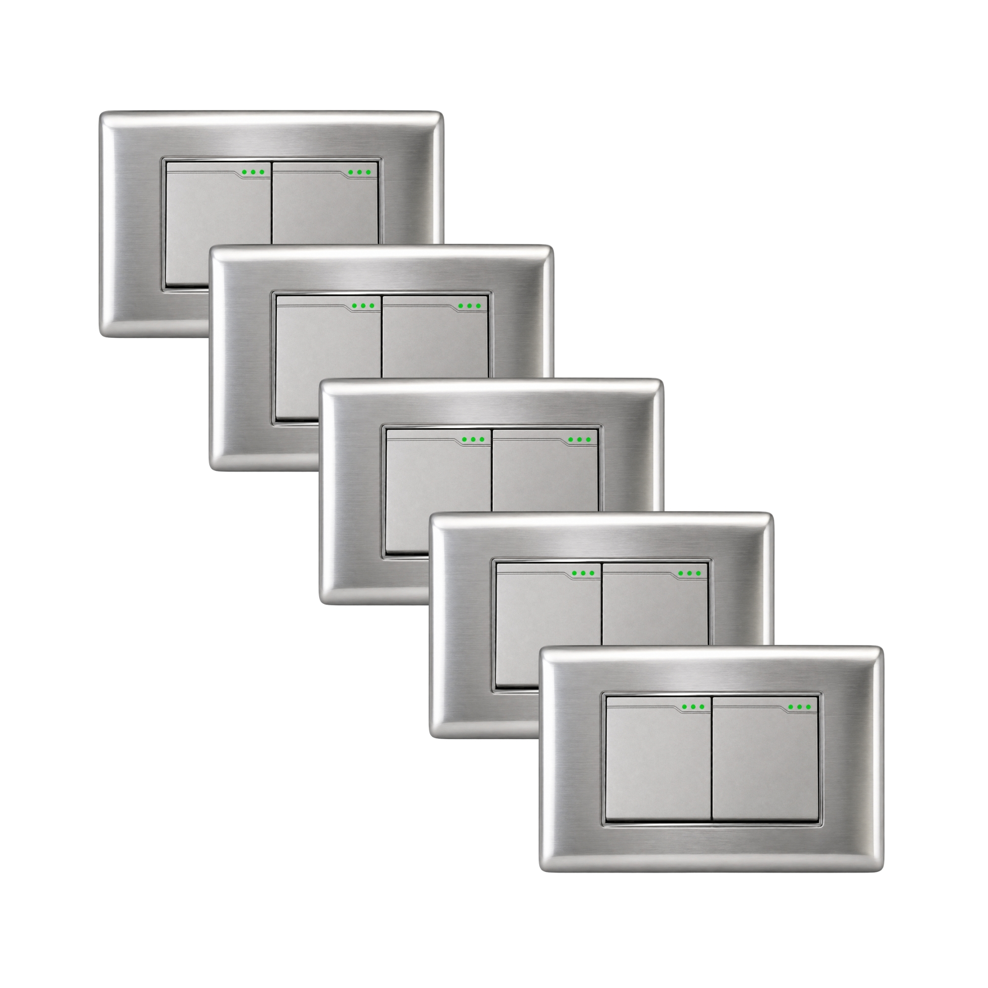 Pack X5 Unidades Interruptor Doble En Acero Inoxidable Gris