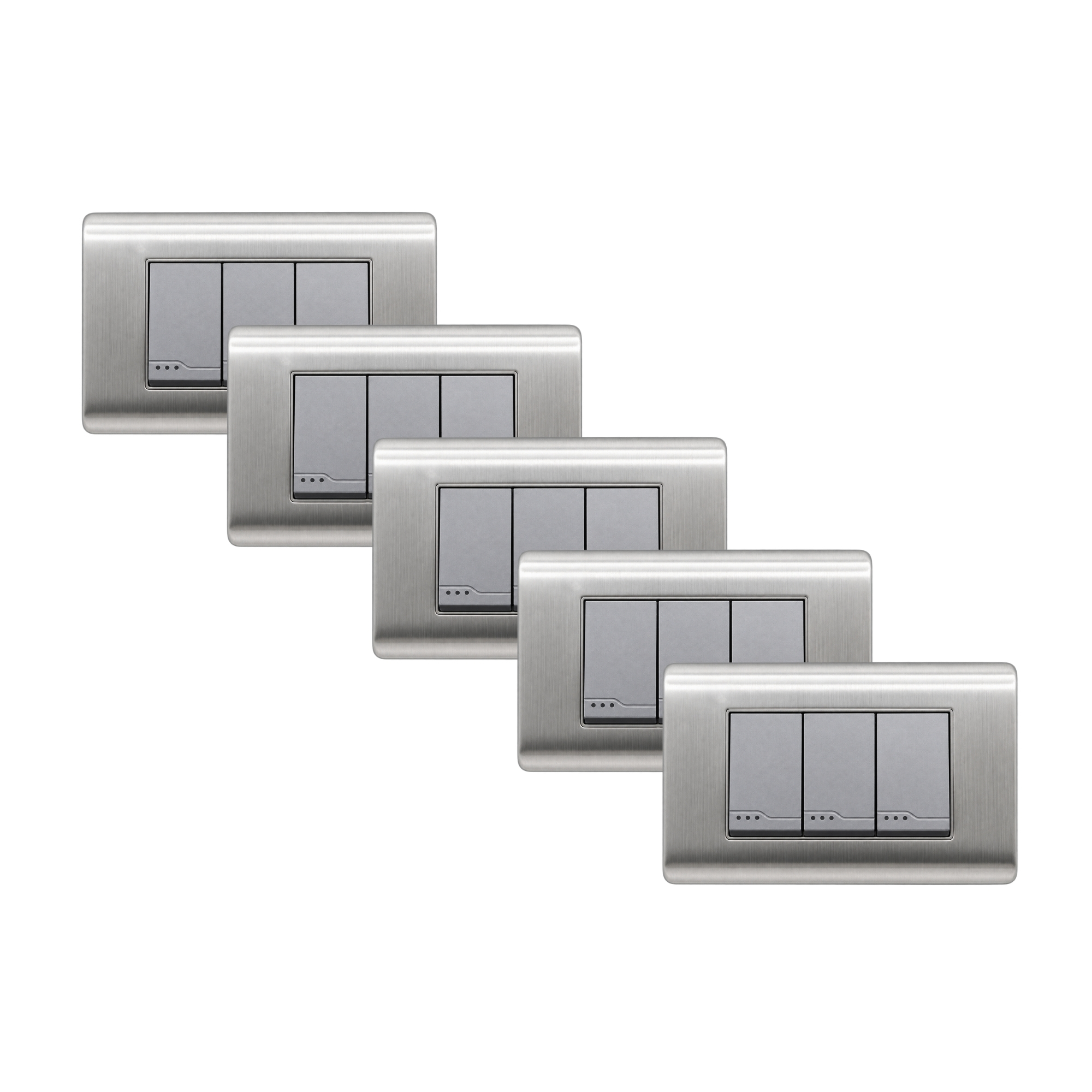 Pack X5 Unidades Interruptor Triple En Acero Inoxidable Gris